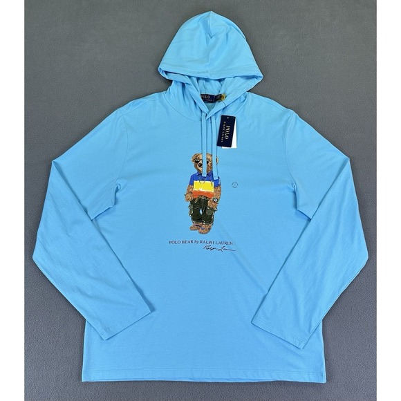 Polo Ralph Lauren Hoodie Mens Large Blue Polo Bear Jersey Cotton Prep New - Picture 1 of 9